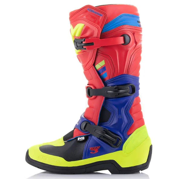 Bota Alpinestars Tech 3 Vermelho/Azul Escuro/Amarelo Flúor